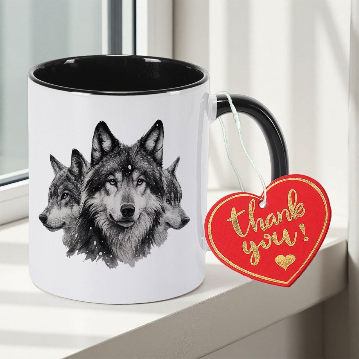 Tailorly Black Accent 11 oz Mug - Black & White Wolf Pack