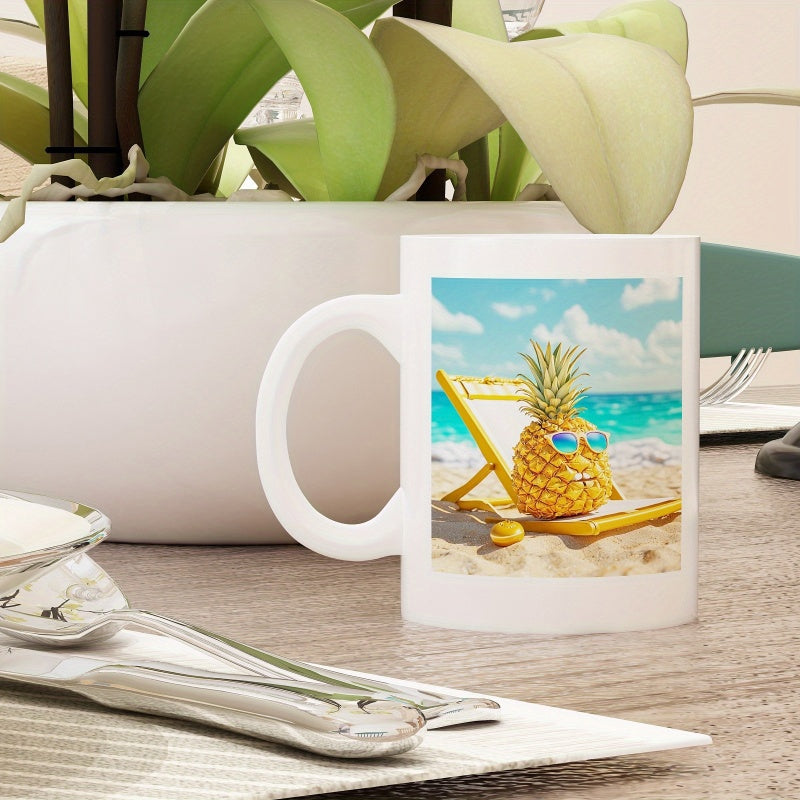 Tailorly White Ceramic 11 oz Mug - Vibrant Pineapple Relaxing On Beach Chair Under Bright Sunny Coastal Sky Pineapple