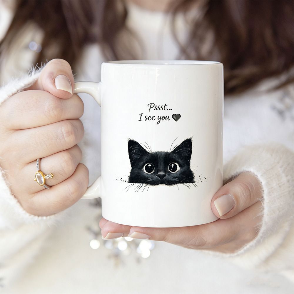 Tailorly White Ceramic 11 oz Mug - Psst I See You Minimalist Cute Peeking Black Kitten With Wide Eyes And Heart Cat