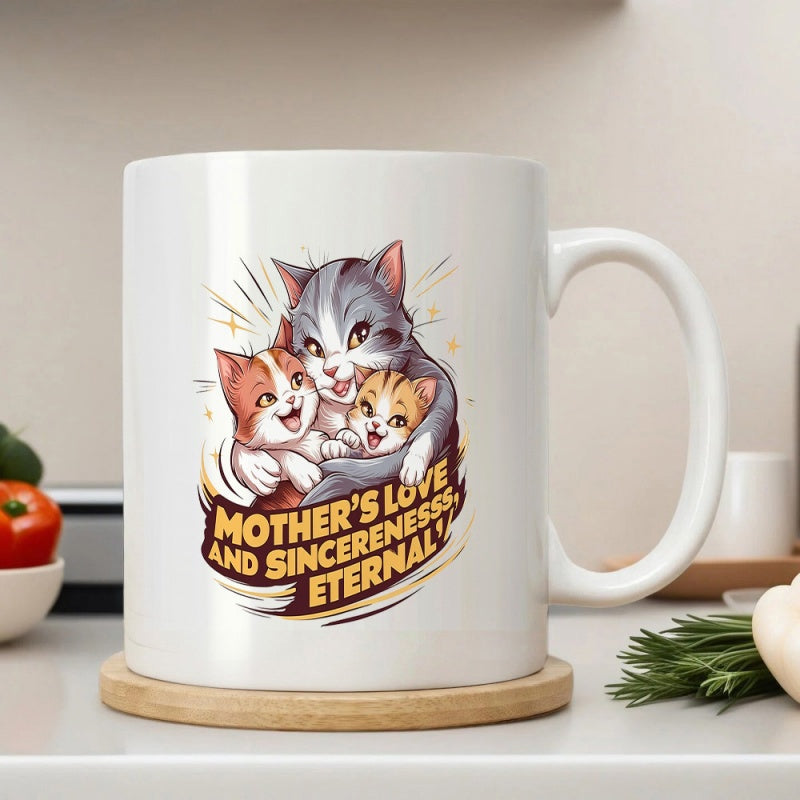 Tailorly White Ceramic 11 oz Mug - Mothers Love And Sincereness Eternal Adorable Mother Cat Embracing Two Small Kittens With Warm Affectionate Expressions Cat