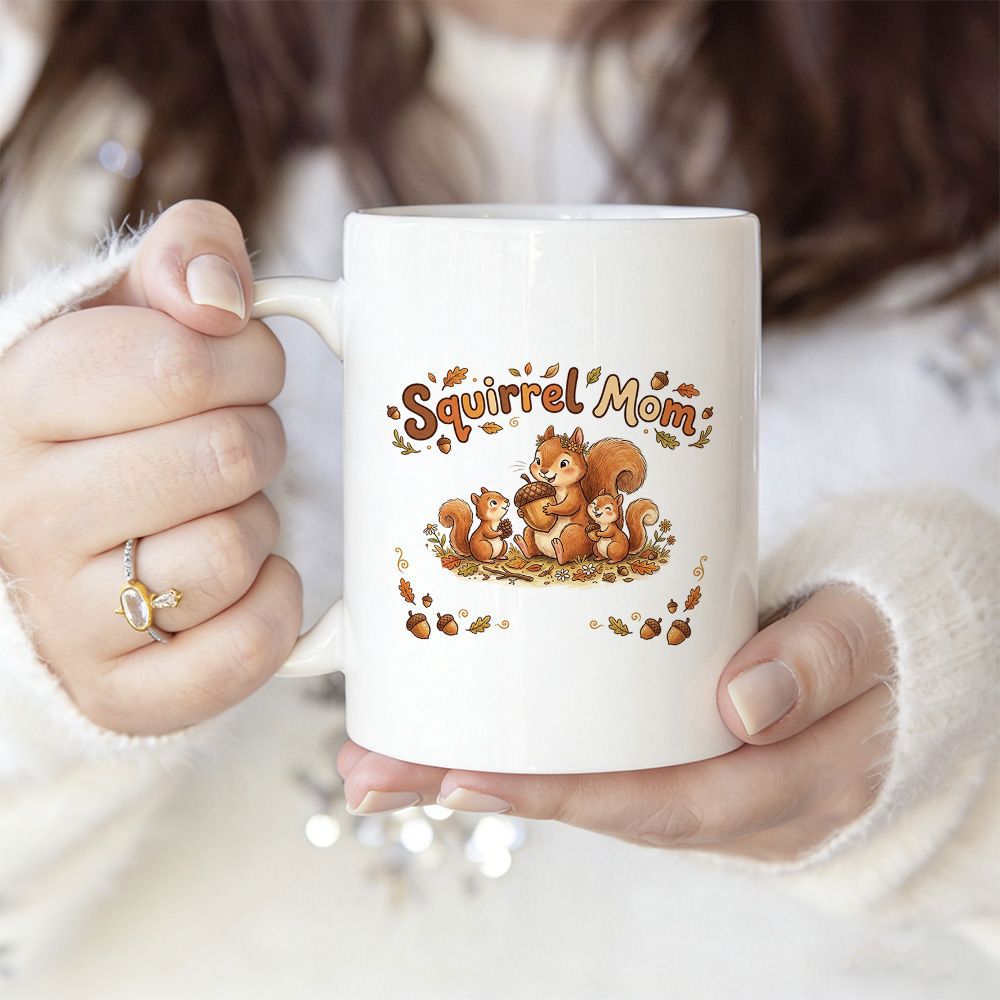 Tailorly White Ceramic 11 oz Mug - Squirrel Mom Cute Mother And Baby Squirrels Eating Acorns Amidst Falling Autumn Leaves Squirrel