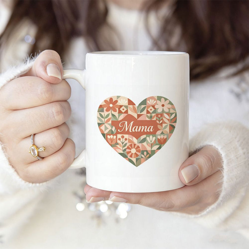 Tailorly White Ceramic 11 oz Mug - Mama Retro Floral Pattern Filled With Warm Decorative Flowers Heart