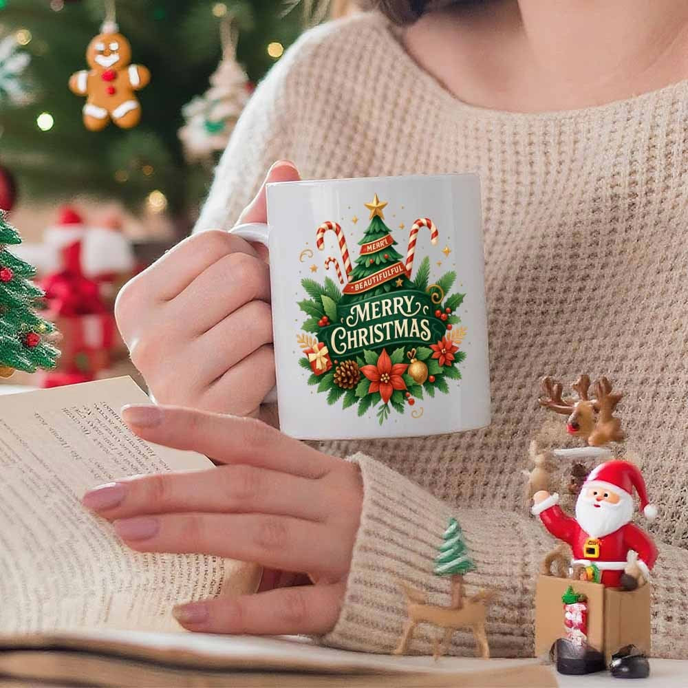 Tailorly White Ceramic 11 oz Mug - Merry Christmas Festive Decorated Holiday Tree With Candy Canes And Flowers Tree