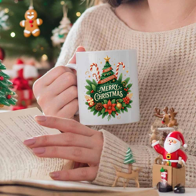 Tailorly White Ceramic 11 oz Mug - Merry Christmas Festive Decorated Holiday Tree With Candy Canes And Flowers Tree