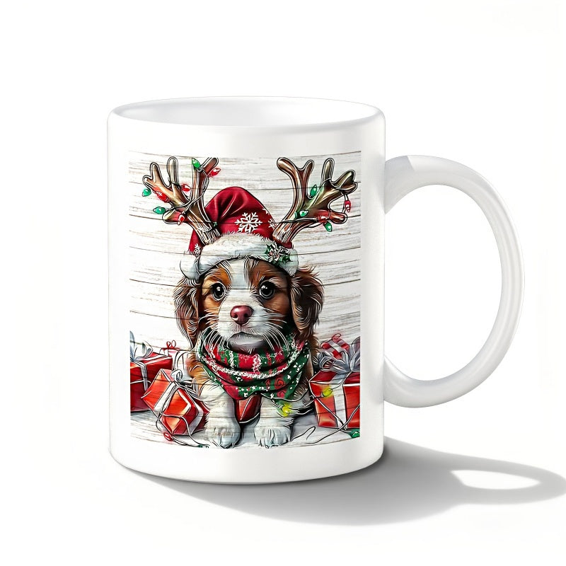 Tailorly White Ceramic 11 oz Mug - Festive Puppy Wearing Antlers And Santa Hat Among Christmas Presents Dog