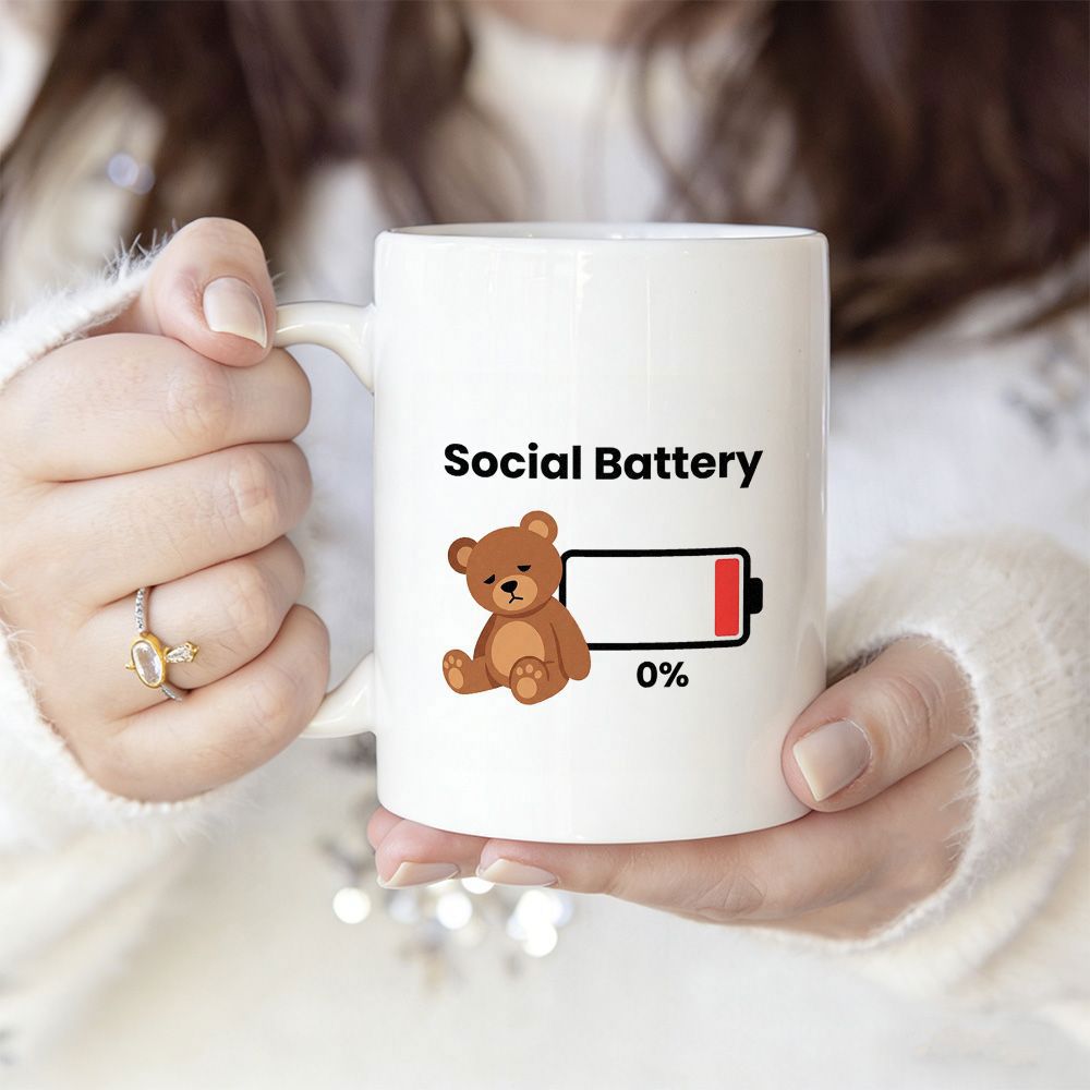 Tailorly White Ceramic 11 oz Mug - Social Battery Cute Brown Teddy Sitting Beside A Low Energy Red Charging Icon Bear