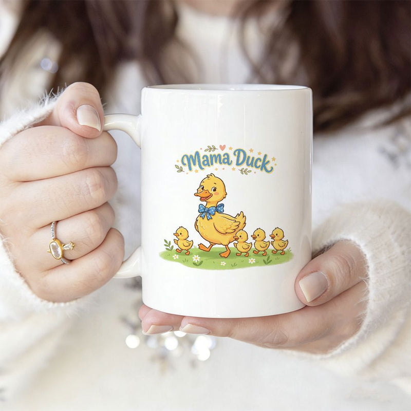 Tailorly White Ceramic 11 oz Mug - Mama Duck Cute Mother Leading Her Ducklings Over Green Grassland Flowers Duck