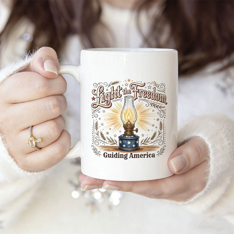 Tailorly White Ceramic 11 oz Mug - Light For Freedom Guiding America Glowing Vintage Oil Lamp Radiating Light Among Decorative Wheat Stalks Lantern