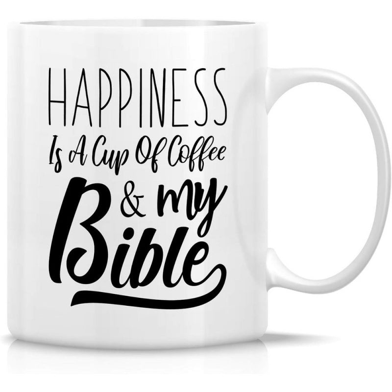 Tailorly White Ceramic 11 oz Mug - Happiness Is A Cup Of Coffee My Bible Minimalist Black Typography Featuring Elegant Script And Bold Cursive Text Mug
