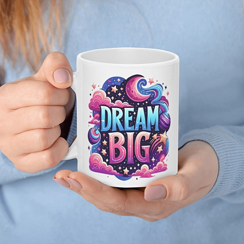 Tailorly White Ceramic 11 oz Mug - Dream Big Whimsical Purple Clouds Under Crescent Moon And Twinkling Golden Stars Sky
