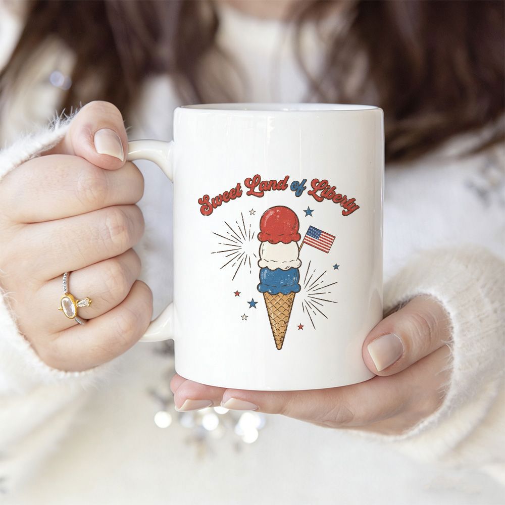 Tailorly White Ceramic 11 oz Mug - Sweet Land Of Liberty Patriotic Three Scoops Ice Cream With Small American Flag Cone
