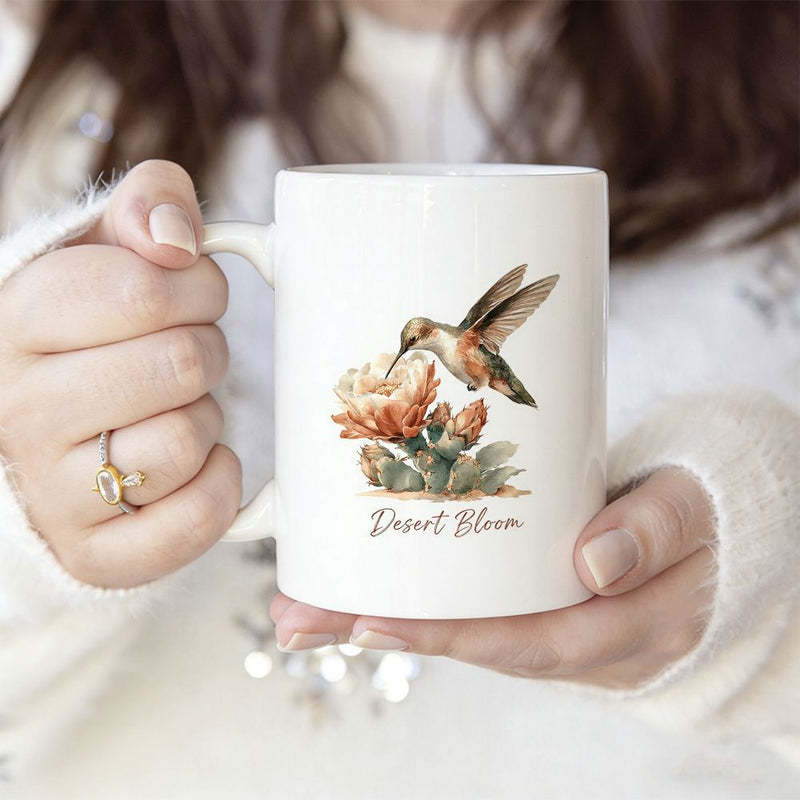 Tailorly White Ceramic 11 oz Mug - Desert Bloom Small Delicate Bird Hovering Near Blooming Succulent Flowers Hummingbird