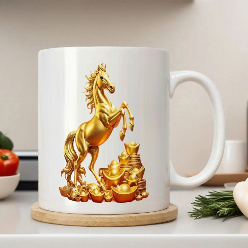 Tailorly White Ceramic 11 oz Mug - Majestic Golden Rearing Stallion Standing Above Shiny Traditional Wealth Symbols Horse
