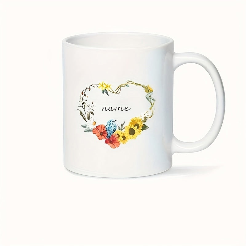 Tailorly White Ceramic 11 oz Mug - Name Beautiful Watercolor Flowers And A Small Blue Bird In A Floral Heart