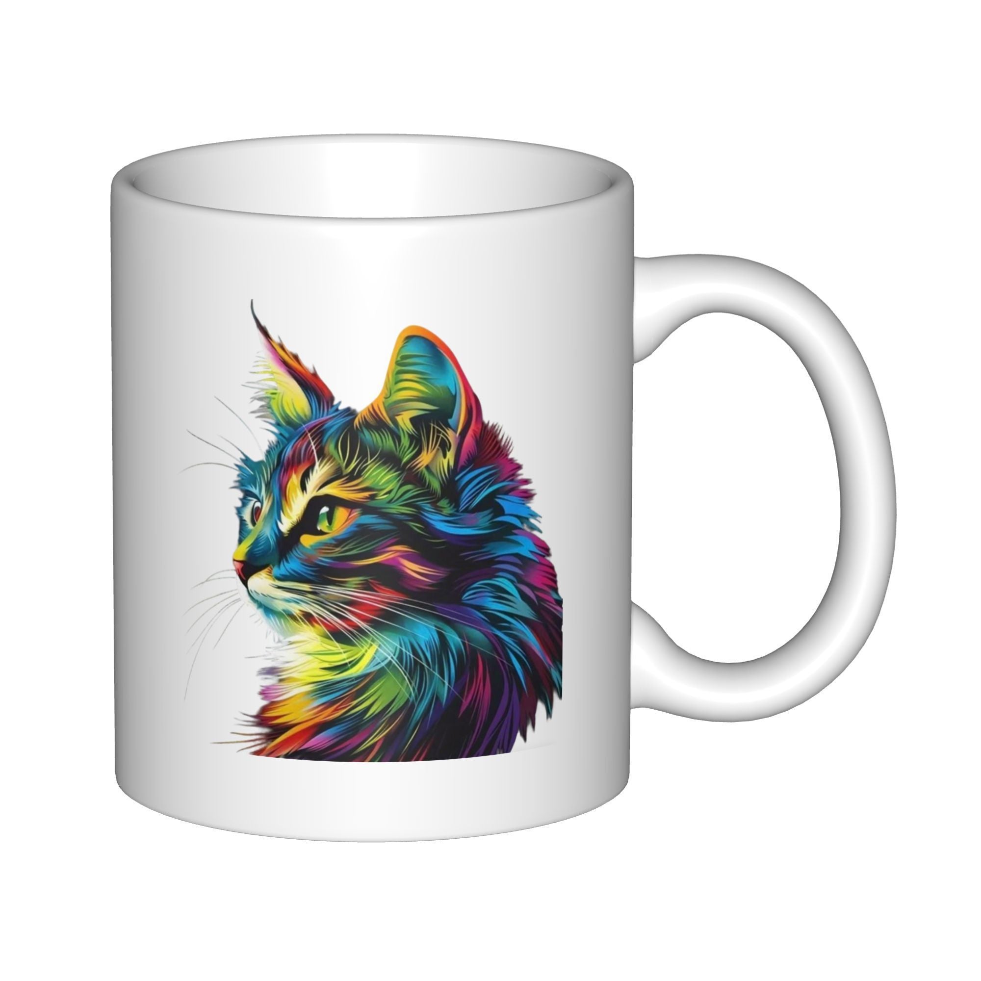 Tailorly White Ceramic 11 oz Mug - Vibrant Colorful Artistic Feline Profile With Rainbow Feathered Fur Cat