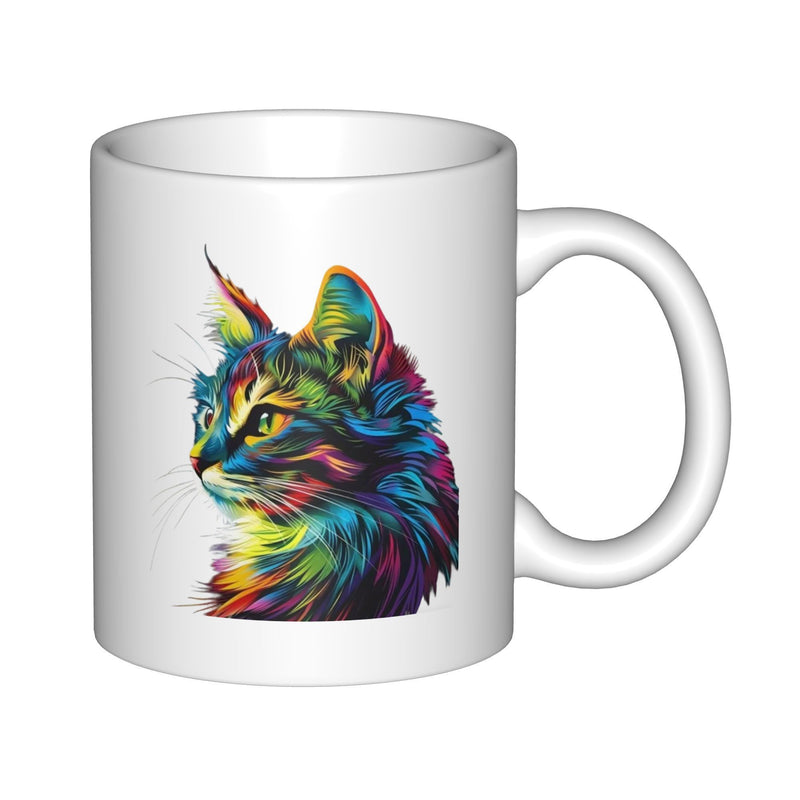 Tailorly White Ceramic 11 oz Mug - Vibrant Colorful Artistic Feline Profile With Rainbow Feathered Fur Cat