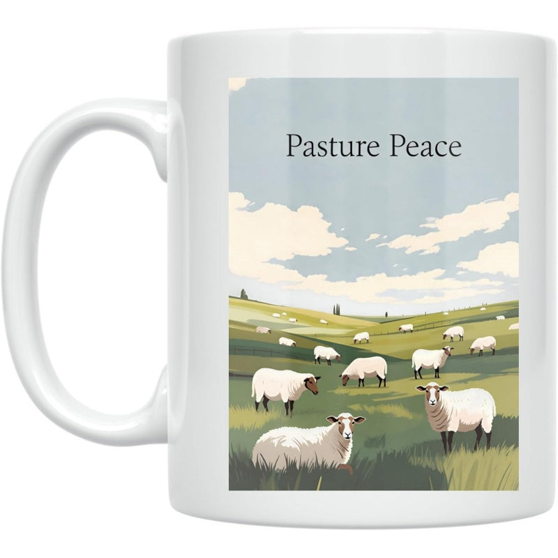 Tailorly White Ceramic 11 oz Mug - Pasture Peace Serene Rolling Green Hills Under A Soft Blue Sky Sheep