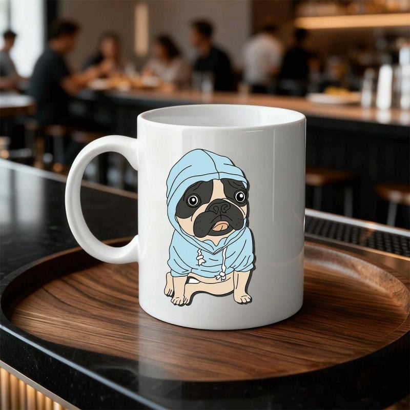 Tailorly White Ceramic 11 oz Mug - Adorable Cartoon Canine Wearing A Cozy Light Blue Hoodie French Bulldog