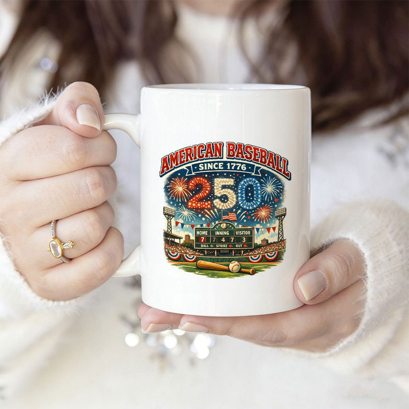 Tailorly White Ceramic 11 oz Mug - American Baseball Since 1776 250 Years Festive Stadium Scoreboard With Glowing Fireworks Behind A Retro Themed Stadium
