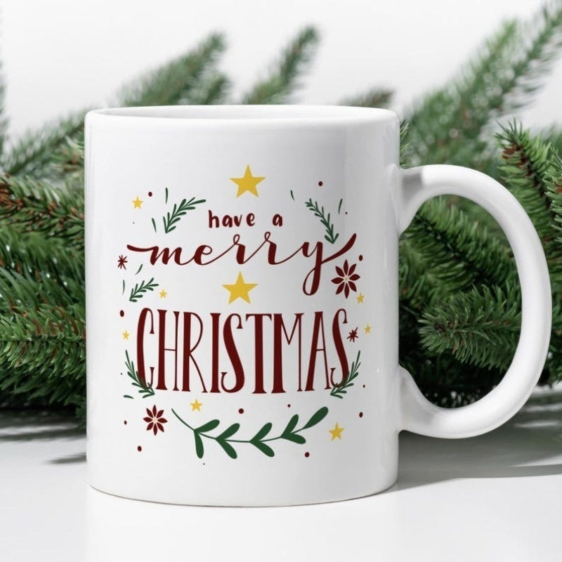 Tailorly White Ceramic 11 oz Mug - Have A Merry Christmas Festive White Ceramic With Holiday Pine Branches And Golden Stars Mug