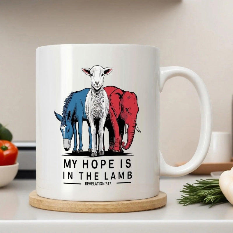 Tailorly White Ceramic 11 oz Mug - My Hope Is In The Lamb Revelation 7 17 Patriotic Red Elephant And Blue Donkey Standing Beside A Peaceful Lamb