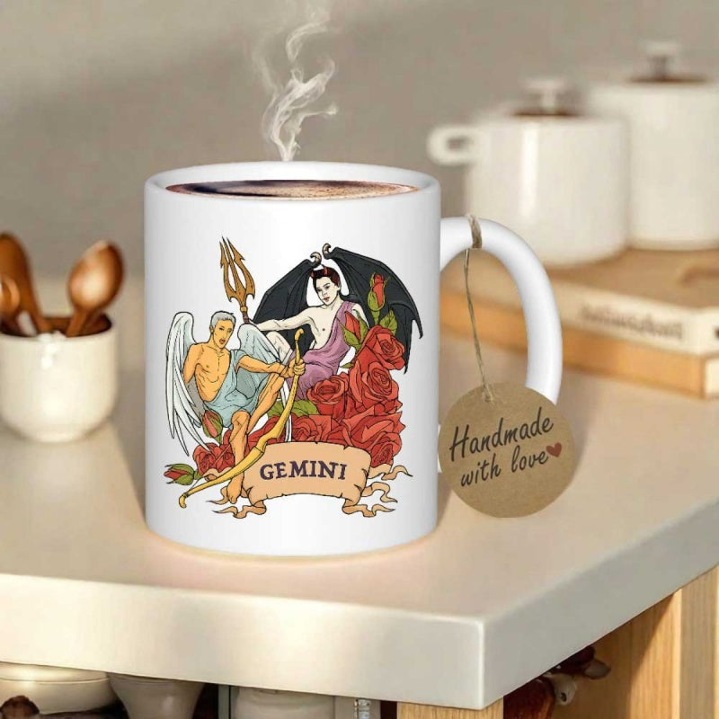 Tailorly White Ceramic 11 oz Mug - Gemini Ethereal Figures And Red Roses Representing The Dual Nature Gemini