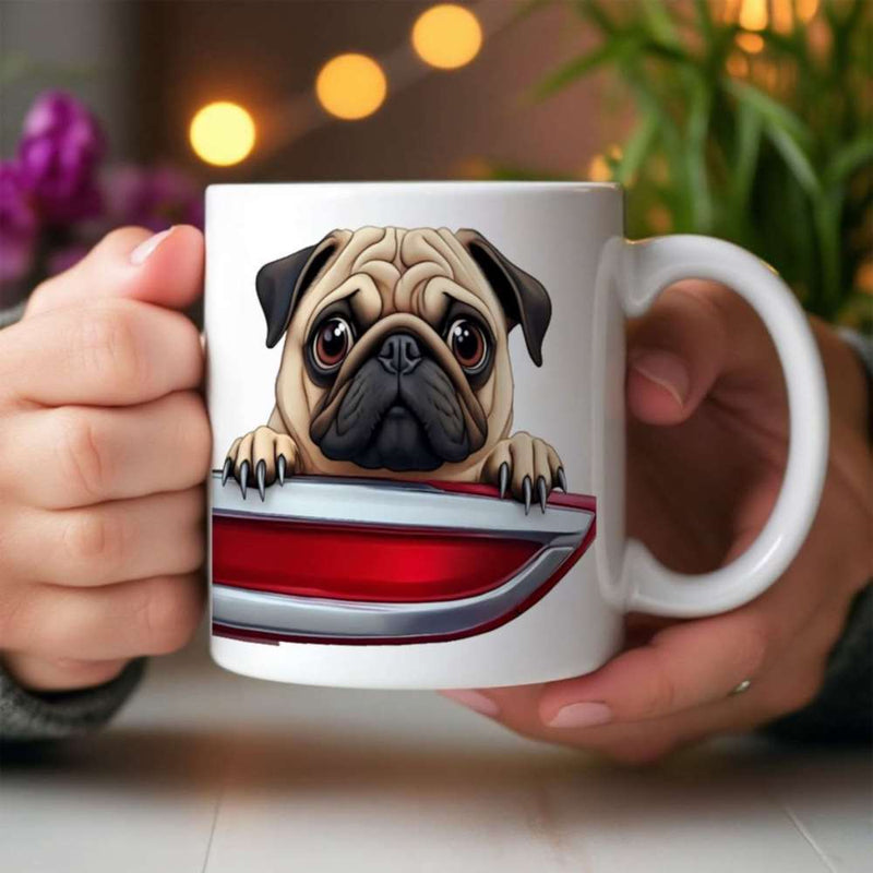 Tailorly White Ceramic 11 oz Mug - Adorable Peeking Puppy Over A Shiny Red Car Door Edge Pug