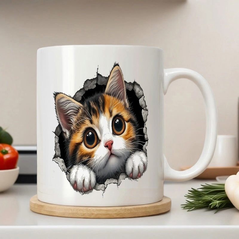 Tailorly White Ceramic 11 oz Mug - Adorable Calico Face Peering Through A Realistic Broken Stone Wall Hole Kitten