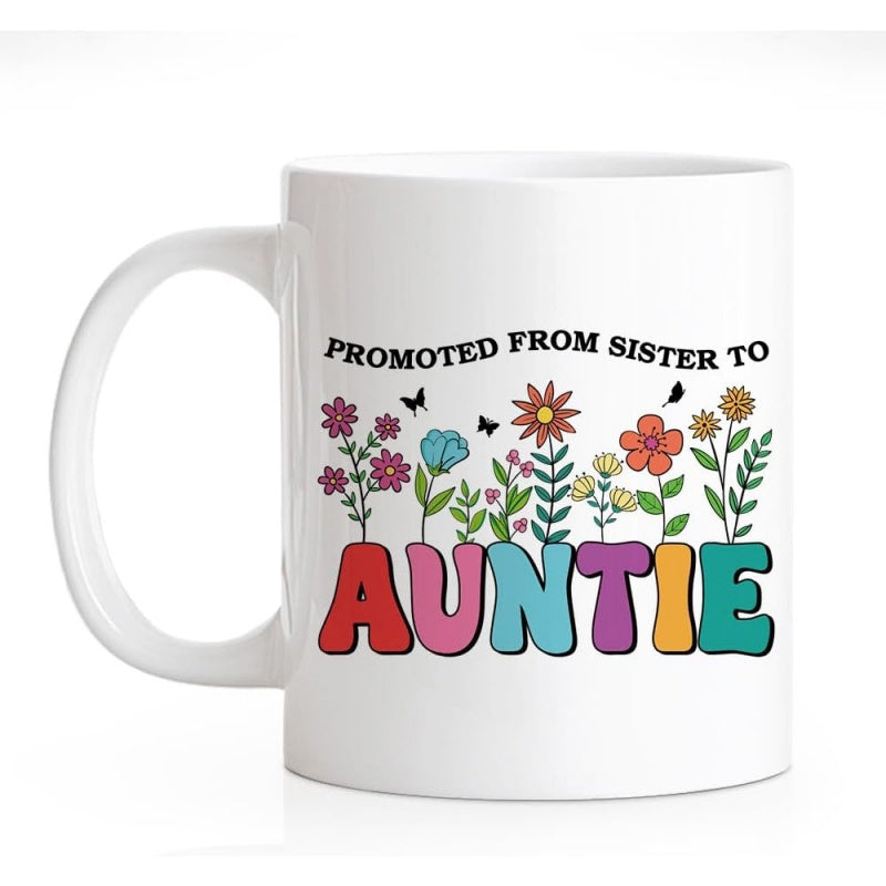 Tailorly White Ceramic 11 oz Mug - Promoted From Sister To Auntie Retro Stylized Wildflowers Blooming Under Small Dancing Fluttering Butterflies Mug