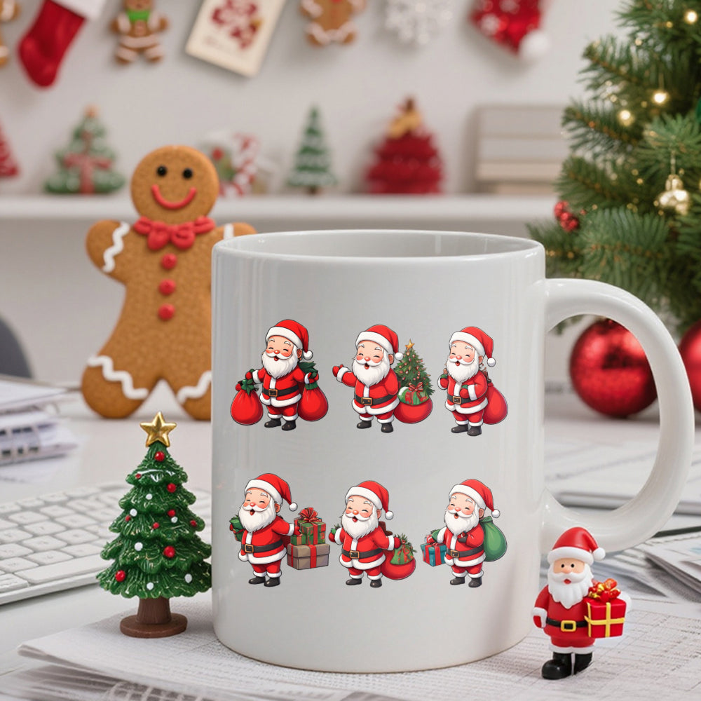 Tailorly White Ceramic 11 oz Mug - Cute Small Cartoon Character Poses Carrying Bags And Gifts For Christmas Santa Claus