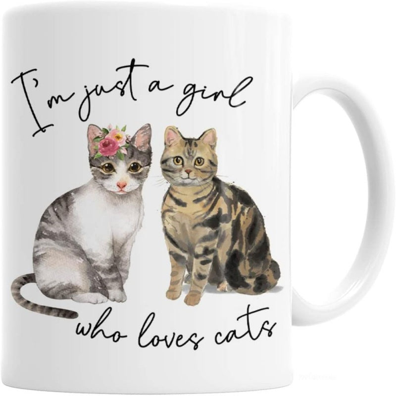 Tailorly White Ceramic 11 oz Mug - Im Just A Girl Who Loves Cats Two Adorable Tabby Felines Sitting Side By Side With Floral Crown Cats