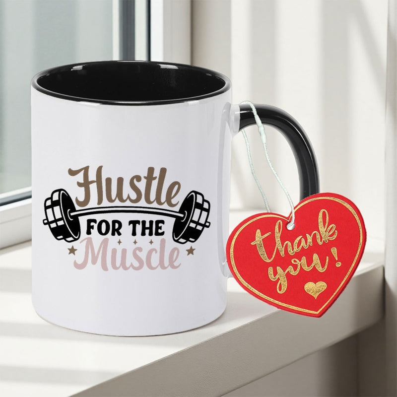Tailorly Black Accent 11 oz Mug - Hustle for the Muscle Motivational Dumbbell & Print