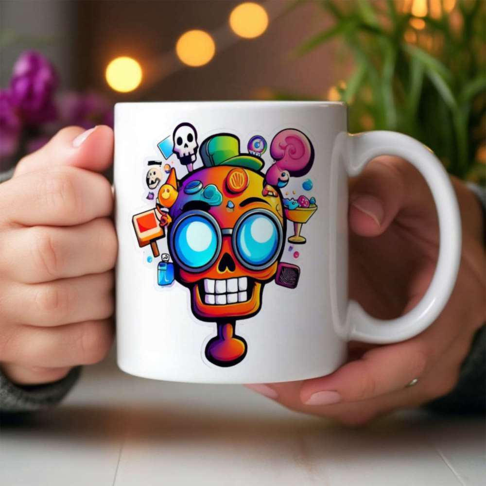 Tailorly White Ceramic 11 oz Mug - Vibrant Colorful Cartoonish Doodle Art Featuring Blue Sunglasses And Playful Elements Skull