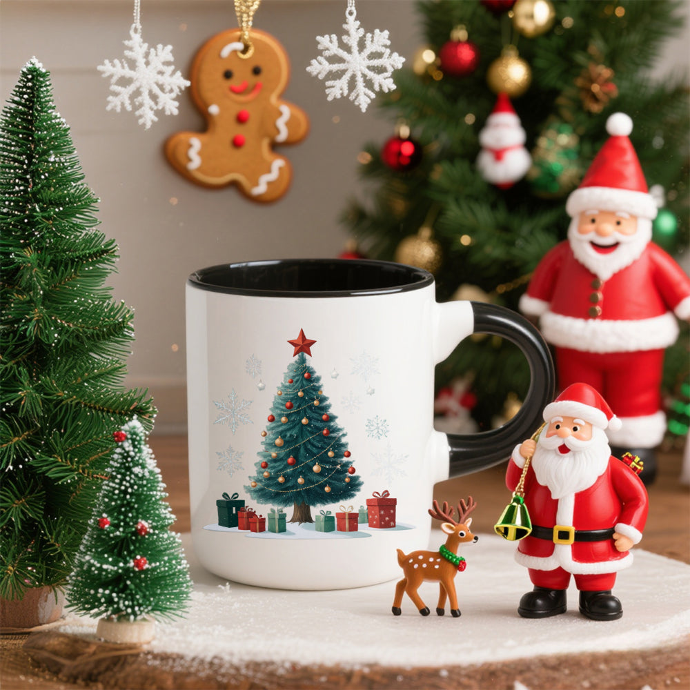 Tailorly Black Accent 11 oz Mug - christmas tree snowflakes reindeer