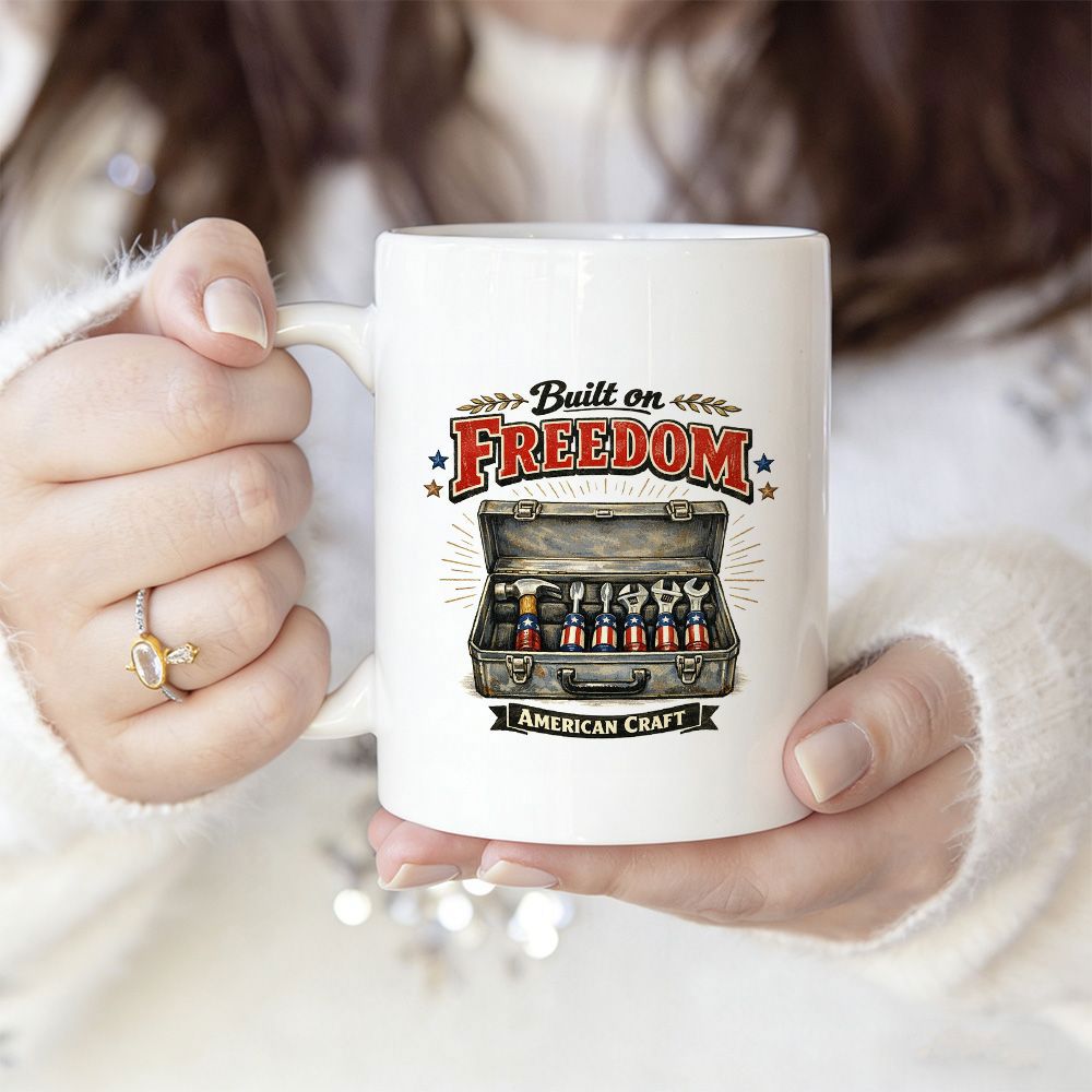 Tailorly White Ceramic 11 oz Mug - Built On Freedom American Craft Vintage Industrial Style Open Container Showing Assorted Handyman Mechanical Tools Toolbox