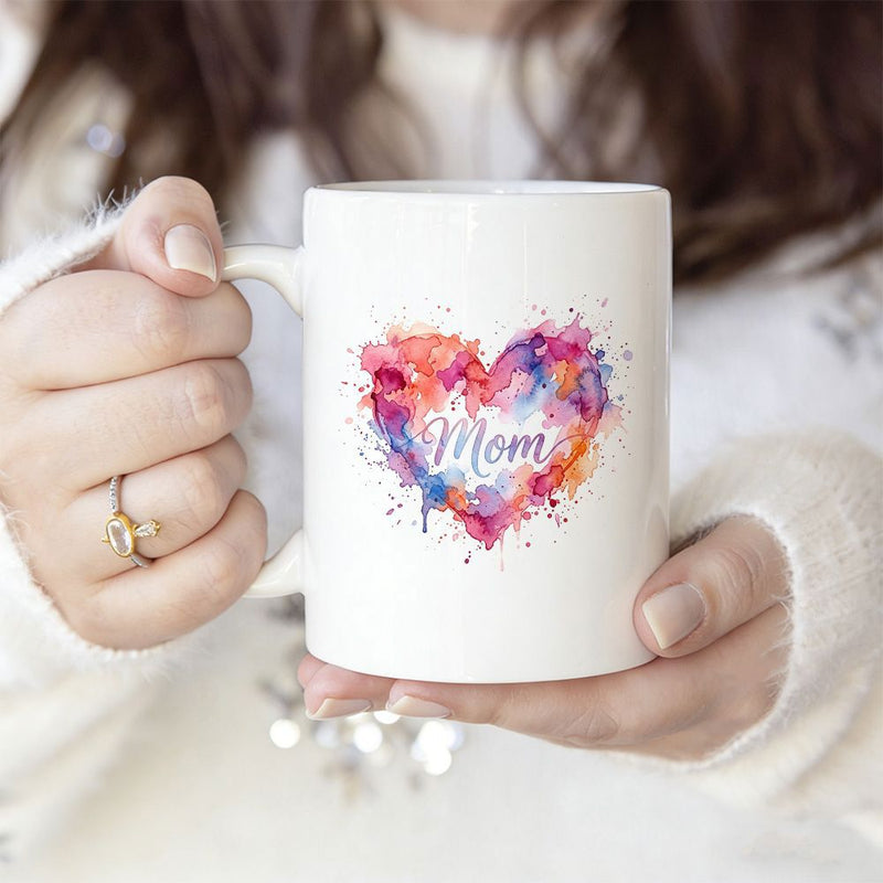 Tailorly White Ceramic 11 oz Mug - Mom Vibrant Artistic Watercolor Splashes Forming A Beautiful Love Heart
