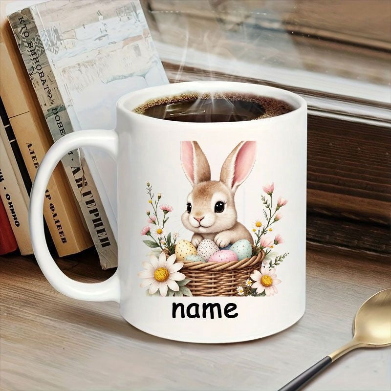 Tailorly White Ceramic 11 oz Mug - Name Cute Bunny Sitting In Woven Basket Surrounded By Flowers And Eggs Rabbit