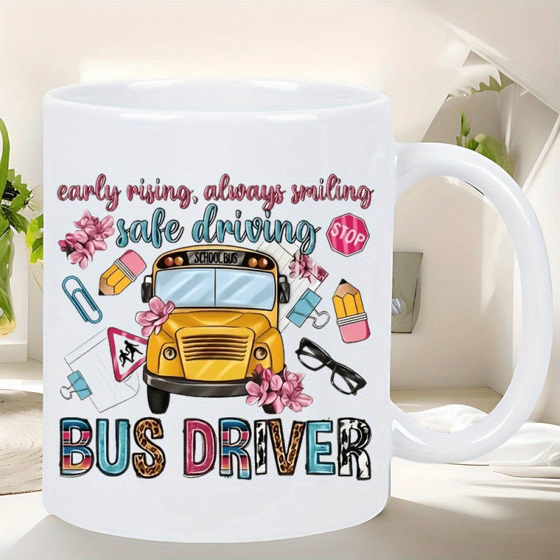 Tailorly White Ceramic 11 oz Mug - Early Rising Always Smiling Safe Driving Bus Driver Vibrant Yellow School Bus Surrounded By Stationery Flowers And Decorative