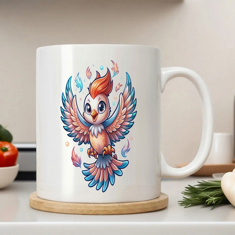 Tailorly White Ceramic 11 oz Mug - Vibrant Cartoon Phoenix Flying With Colorful Wings And Crest Bird