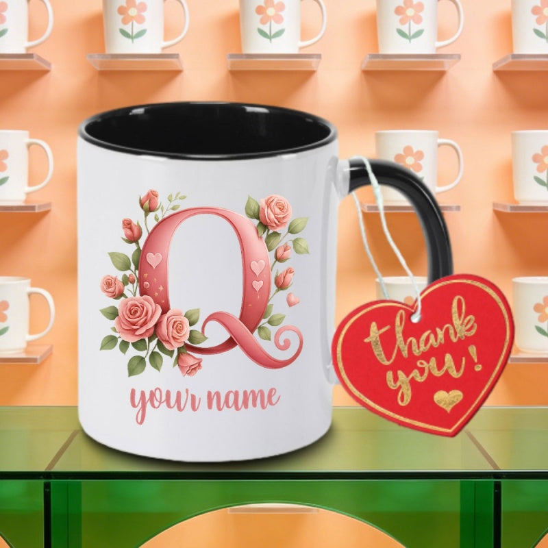 Tailorly Black Accent 11 oz Mug - floral monogram and green leaves logo