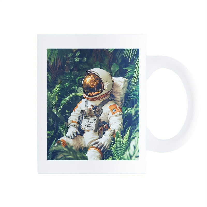 Tailorly White Ceramic 11 oz Mug - Sitting Among Lush Green Jungle Foliage Wearing White Space Suit Astronaut