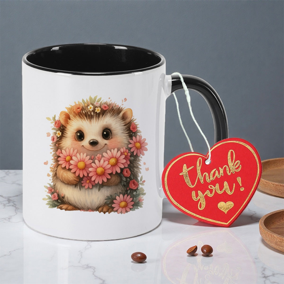 Tailorly Black Accent 11 oz Mug - cute cartoon hedgehog with adorable animal illustration