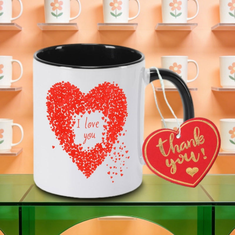 Tailorly Black Accent 11 oz Mug - Red hearts and "I Love You" text logo
