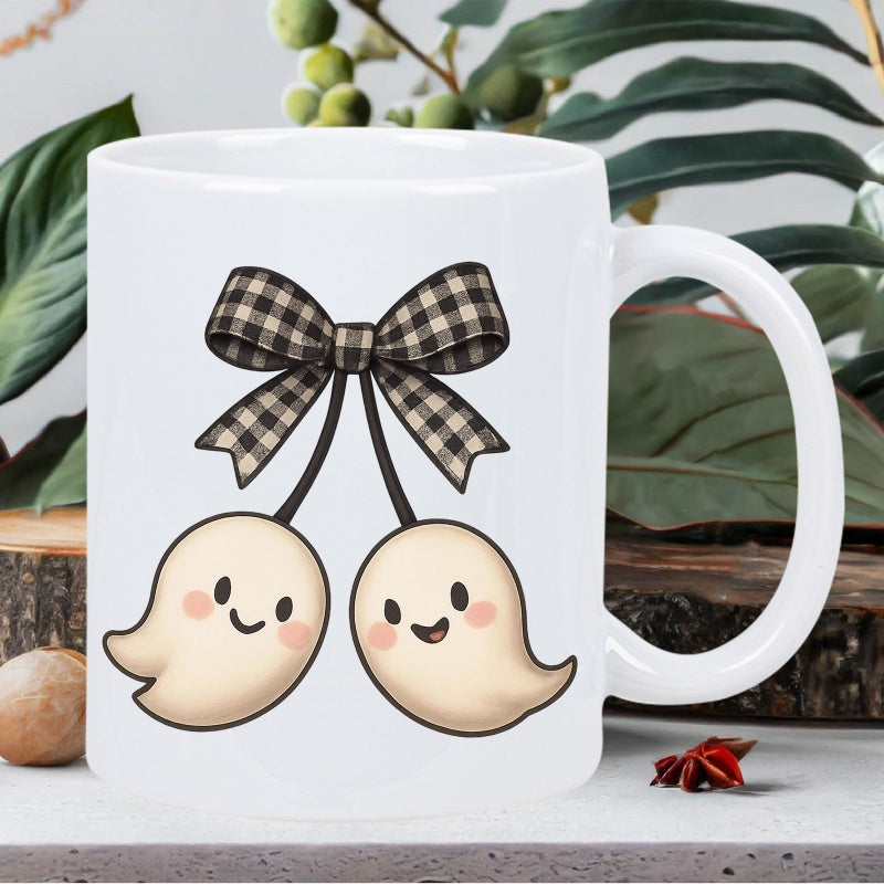 Tailorly White Ceramic 11 oz Mug - Two Cute Little Ghosts Hanging From A Black Checkered Plaid Bow Ghost