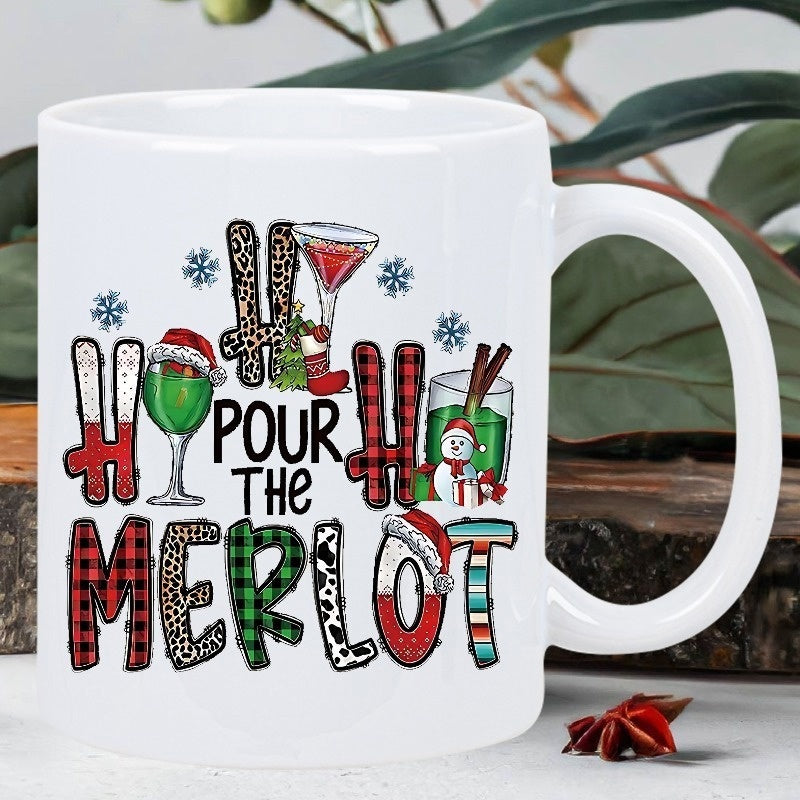 Tailorly White Ceramic 11 oz Mug - Ho Ho Pour The Merlot Festive Holiday Wine Glasses Wearing Santa Hats Surrounded By Winter Snowflakes Wine Glass