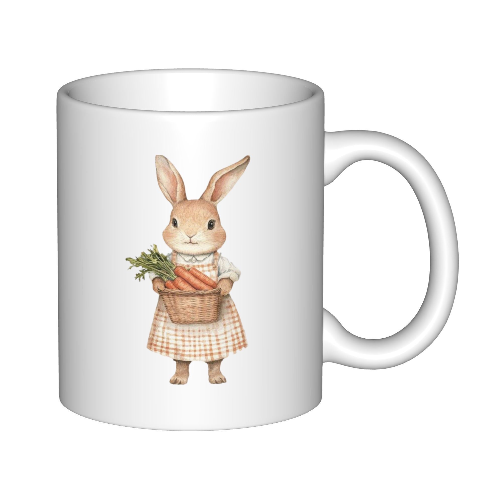 Tailorly White Ceramic 11 oz Mug - Cute Vintage Watercolor Bunny Wearing A Dress Holding Carrots In Basket Rabbit