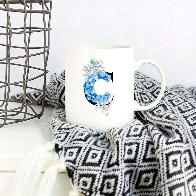 Tailorly White Ceramic 11 oz Mug - C Elegant Blue Hydrangea Flowers Adorning A Classic Black Serif Initial Letter