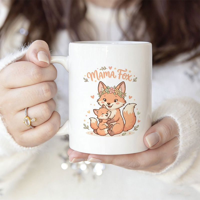 Tailorly White Ceramic 11 oz Mug - Mama Fox Adorable Mother Hugging Baby Wearing Flower Crown With Hearts Fox