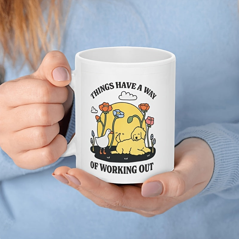 Tailorly White Ceramic 11 oz Mug - Things Have A Way Of Working Out Lovely Golden Retriever And Little Duckling Sitting Beneath Vibrant Floral Garden Dog