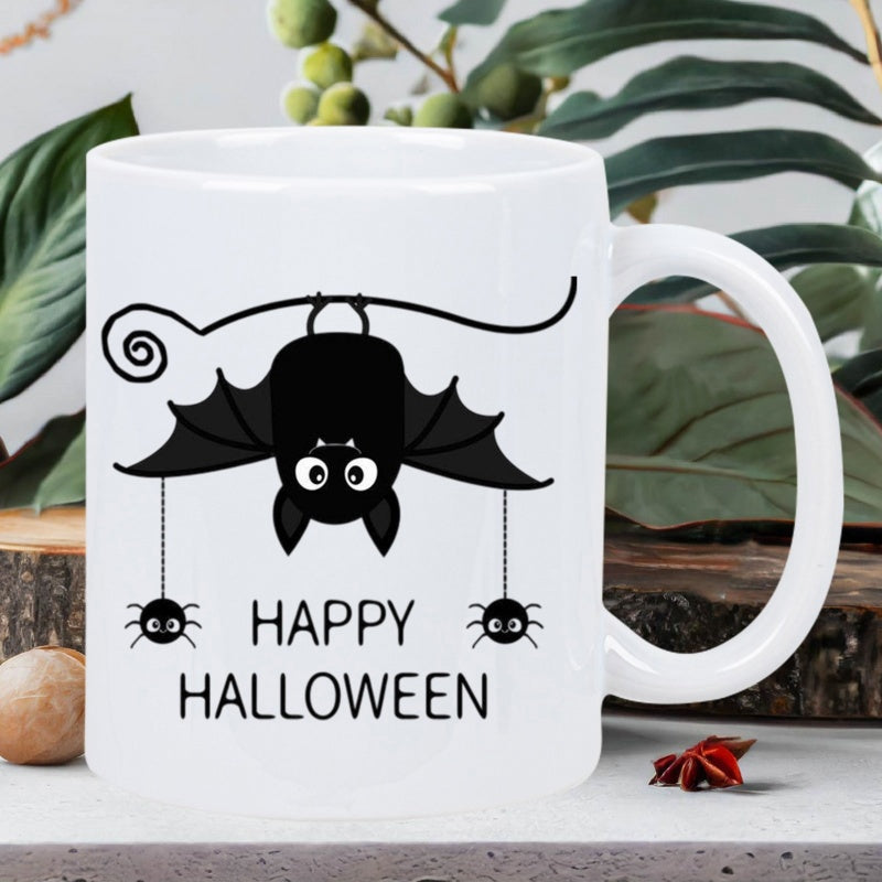 Tailorly White Ceramic 11 oz Mug - Happy Halloween Cute Hanging Spiders Under A Thin Curved Branch Bat